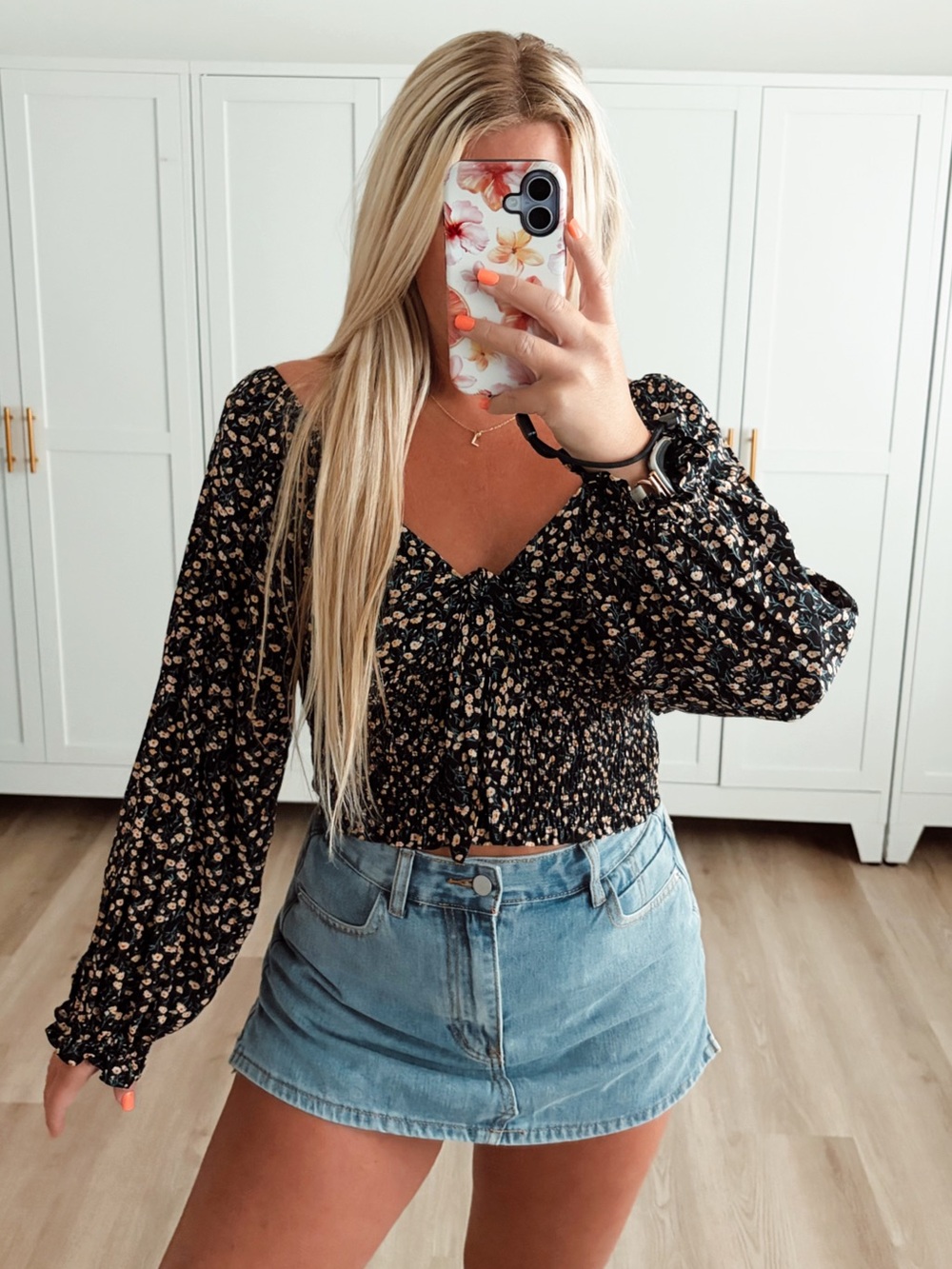 Black and orange floral cropped blouse